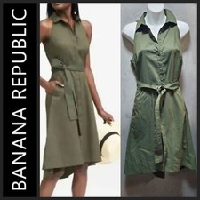 Banana Republic Army Green Button Down Cotton Hi Low Pocket Shirt Dress ~4 M3020