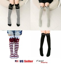 Toddlers Kids Girls Cotton Cat Striped Grey Bear Knee High Socks 2-7Y