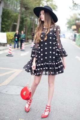 black and red polka dot mini dress Wednesday's Girl corsage detail polka dot mini dress in black and pink