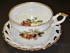 Japan Lustreware Fruit Footed Cup Reticulated Saucer Gold Buy Lot SeeDescription