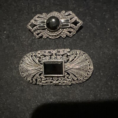 Two Sterling Silver Estate Marcasite Pins Brooches