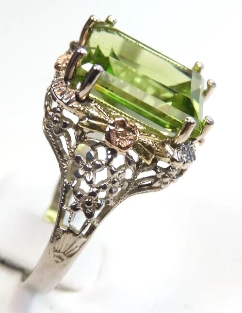 Antique A & S Natural Peridot 14K Multi-Tone Ring Size 6.75 UK-N 3.98Ct Deco - Image 3 of 4