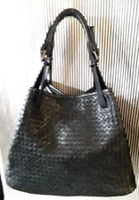 VALENTINA BLACK HAND WOVEN AUTHENTIC ITALIAN LEATHER TOTE HANDBAG SHOULDER PURSE