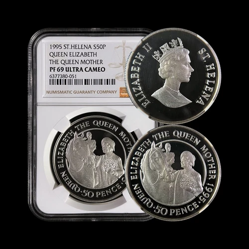 SAINT HELENA. 1995, 50 Pence, Silver - NGC PF69 - Top Pop 🥇 Queen Mother, Horse