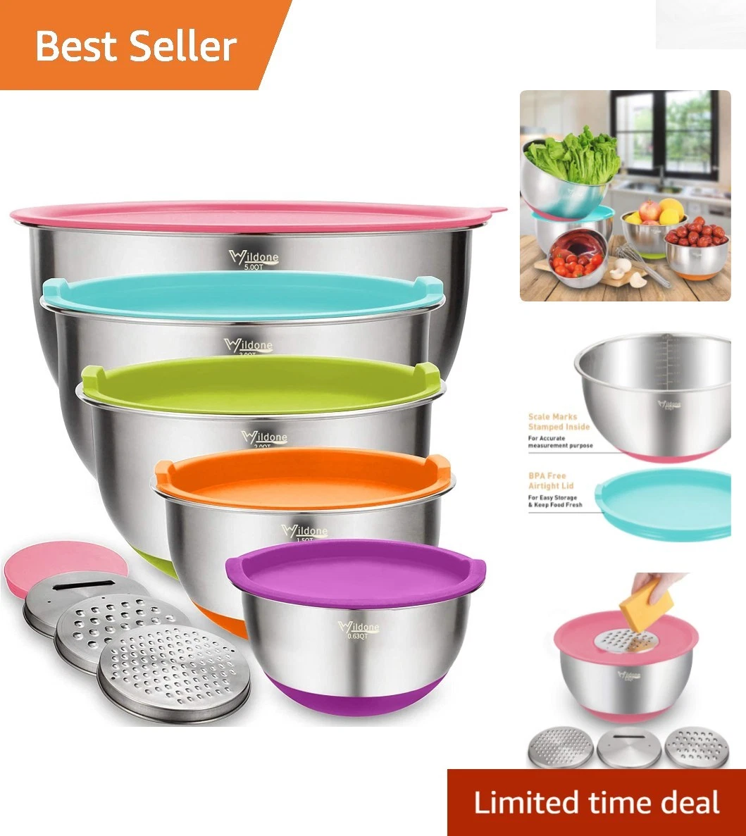 Colorful 5-Piece Stainless Steel Mixing Bowls Set with Airtight Lids & Graters