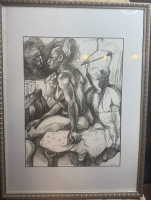 Tamara Signed Modernist Female Nude Bedroom Pen Ink Drawing Framed VG Cond 24x18
