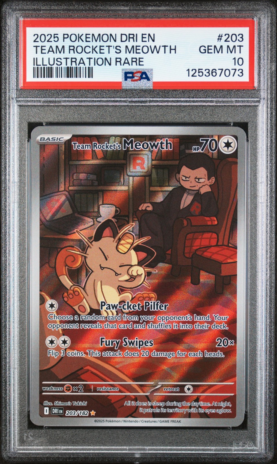 2025 POKEMON DRI EN-DESTINED RIVALS #203 TEAM ROCKET'S MEOWTH PSA 10
