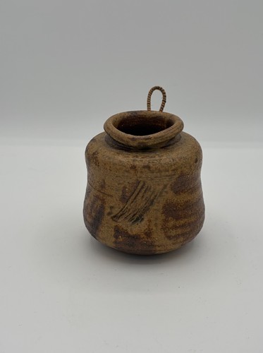Vintage Primitive Brown Abstract Stoneware Jar Crock Vase Handle Loop 4"
