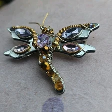 Liztech Dragonfly '13 Brooch Pin Signed Vintage Mixed Metal Rhinestone Insect