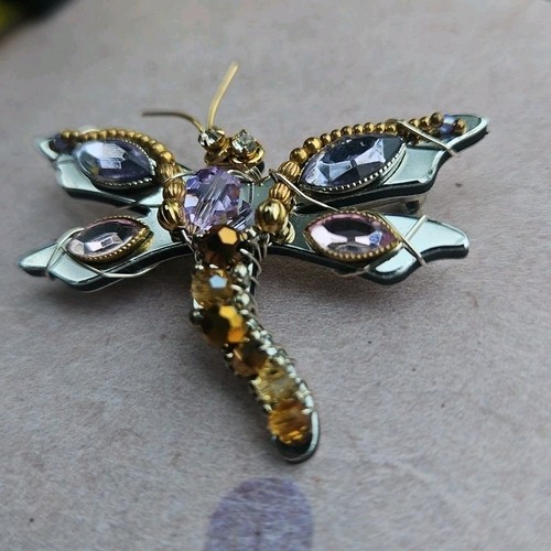 Liztech Dragonfly '13 Brooch Pin Signed Vintage Mixed Metal Rhinestone Insect - Afbeelding 1 van 9