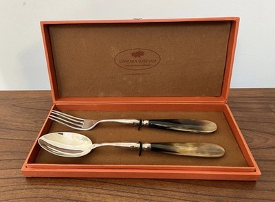 Sandra Jordan Salad Set Horn Spoon Fork in Original Box Picnic