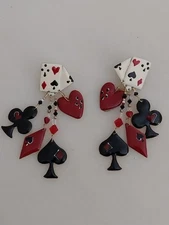 Lunch At The Ritz Enamel Crystal Cards Casino Gambling Dangle Pierced Earrings