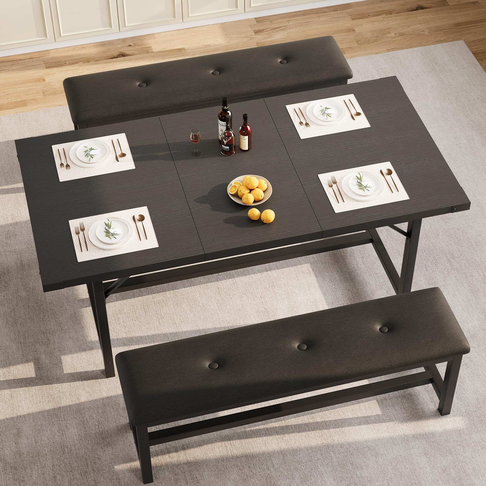 3 Piece Dining Table Set for 4-6, 63" Extendable Thick Metal Frame Kitchen Ta...