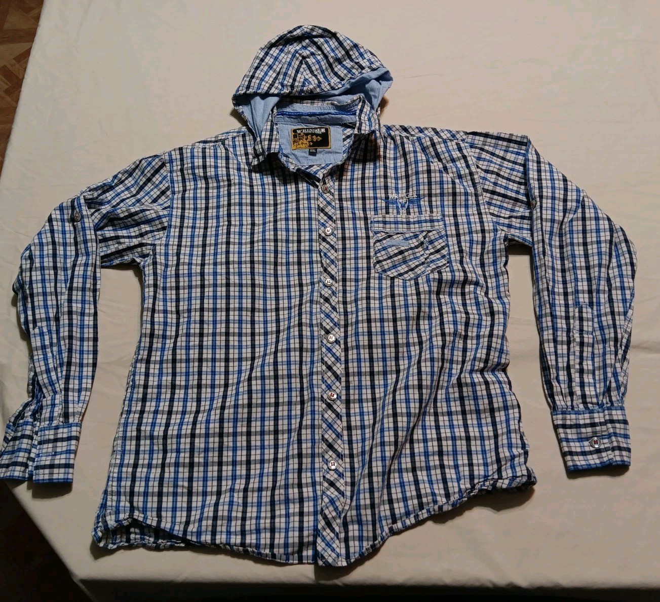 Wrangler Boys 2XL Blue Plaid Hooded Button Down Shirt Long Sleeve Casual EUC image 10