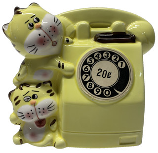 Vintage Yellow Telephone Kitsch Cat Ceramic Money Box Korea