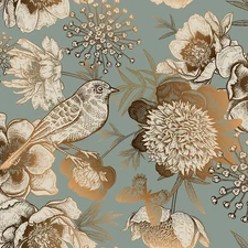 Vintage Gold Floral Peel & Stick Wallpaper Birds Flowers Dark Teal 17.5 X 10 FT