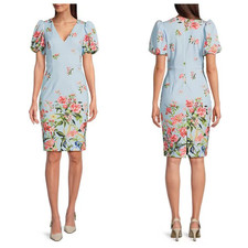 Eliza J Size 14W Sheath Dress Floral Short Puff Sleeve Blue Multicolor NEW