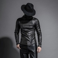 Men Real Lambskin Leather Motorcycle Biker Gothic Slim Fit Punk Coat