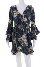 Yumi Kim Womens Long Sleeve V-neck Textured Long Sleeve Floral Dress Blue Size M