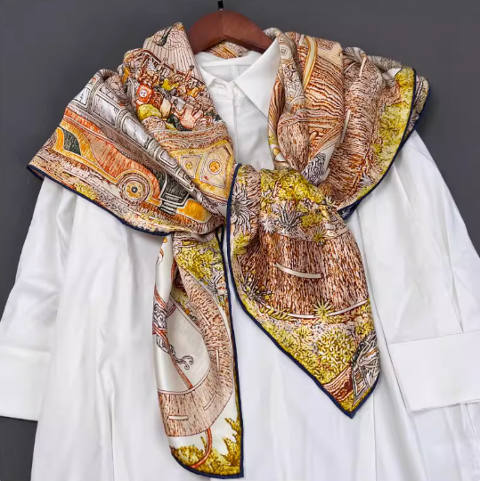 Pure 23 Momme Silk Bandanna Shawl Scarf 43'' 2 face totem Print Neckerchief wrap