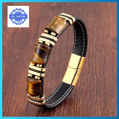 Bracelet homme naturel en perles œil de tigre, corde en cuir noir, fermoir en... - Photo 1/4