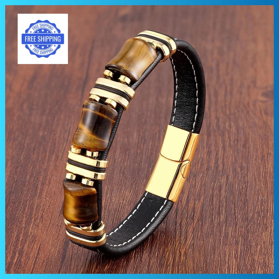 Bracelet homme naturel en perles œil de tigre, corde en cuir noir, fermoir en... - Photo 1/4