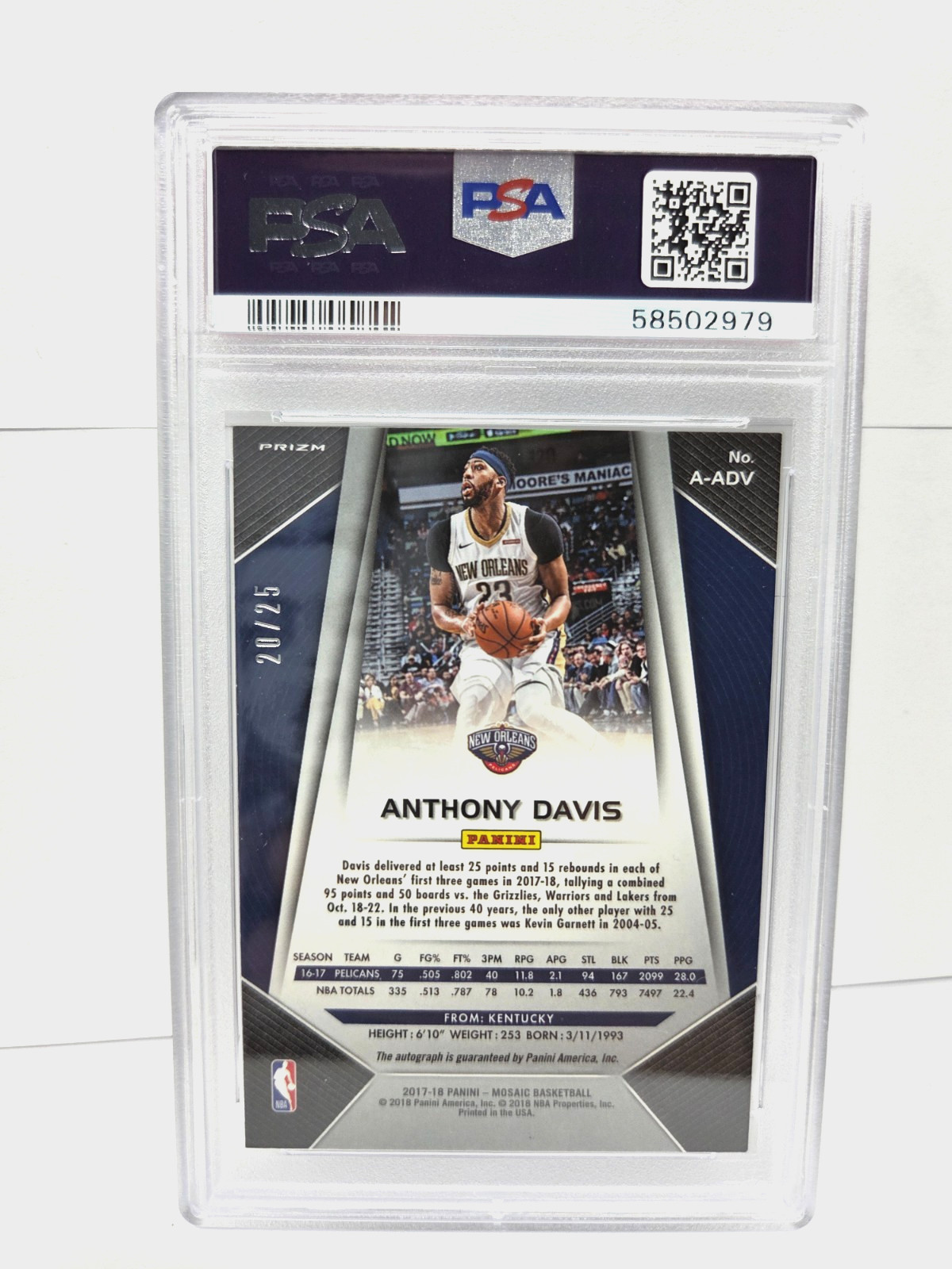 2017 Prizm Mosaic AUTOGRAPHS CAMO ANTHONY DAVIS Basketball Card PSA 9 MINT view 3