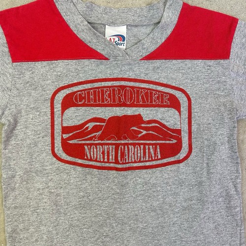 Vintage 90s Grey Red Cherokee NC Bear V-neck Jersey T-shirt Boys/Kids Medium - Picture 2 of 7