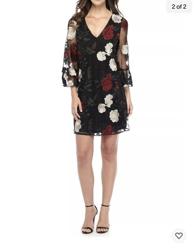 LABEL by 5 twelve Black Floral Embroidered Bell Slv Stretch Mesh Dress Sz 10 BB1 - Picture 8 of 9