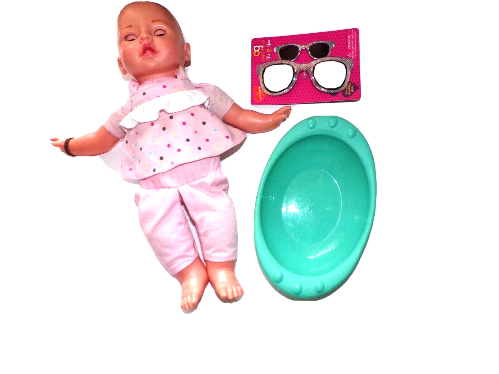 14" Baby Doll Girl 2 new sun glasses 1 tub bowl t3