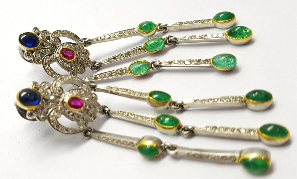 Echter Smaragd Rubin Saphir Edelstein 925 Sterlingsilber Pavé Diamant Ohrring - Bild 4 von 4