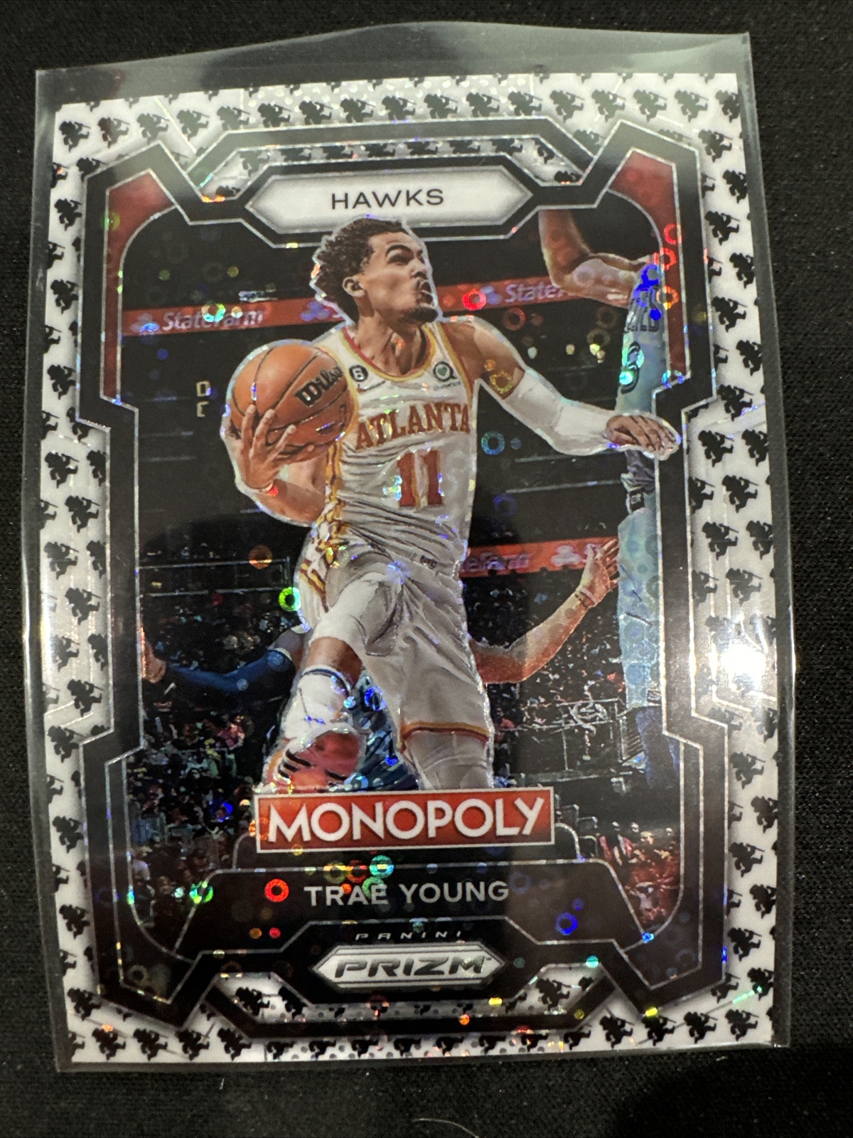 Trae Young 2023-24 Monopoly Prizm Black & White Monopoly Running Man SSP No. 4