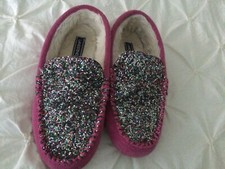 Girls Lands  End Slippers Pink Leather/Glitter/Shearling Youth Sz 4