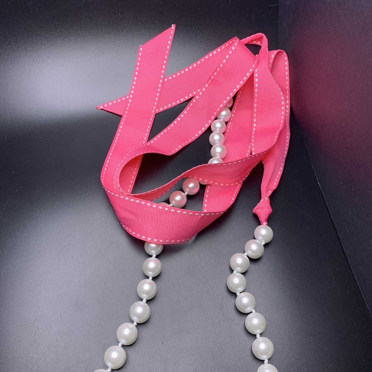 Pink 100% Silk Necklace Tie Accessory with Pearl Accent Long Faux Pearl Necklace Ribbon Tie Hot Pink Bright Glam  main image 4