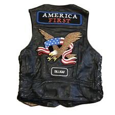 Leather Biker Vest Eagle Patch America First Flag Side Lacde Skin-Tan Size 36
