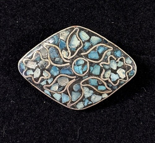 Vintage Inlaid Turquoise Flower Brooch India - Picture 2 of 12