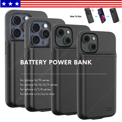 External Battery Charger Case Power Bank Cover for iPhone XR 8 11 12 13 14 15 16