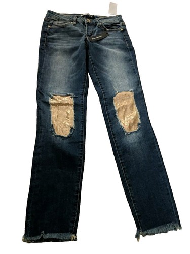NWT Dollhouse Jeans Womens Size 5 Blue Gold Sequin Patches