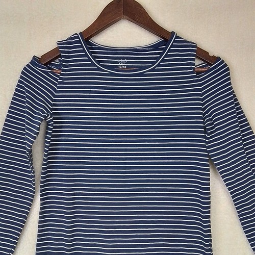 Carters Girls Tee 10/12 Navy Blue White Stripe Cold Shoulder Long Sleeve T-Shirt - Picture 4 of 11