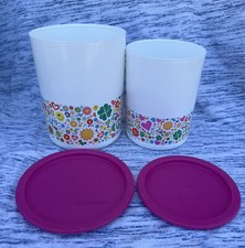 TUPPERWARE ONE TOUCH CANISTERS A & B FLOWER & PEACE HIPPIE PRINT W/ PINK LIDS #2