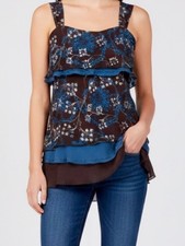VTG Y2K Whimsigoth Asymmetrical Layered Cami Top M Brown Teal Chiffon Fairycore