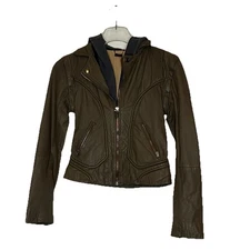 Doma Leather Jacket S Womens Olive Gray Moto Zip Off Sleeves Hoodie