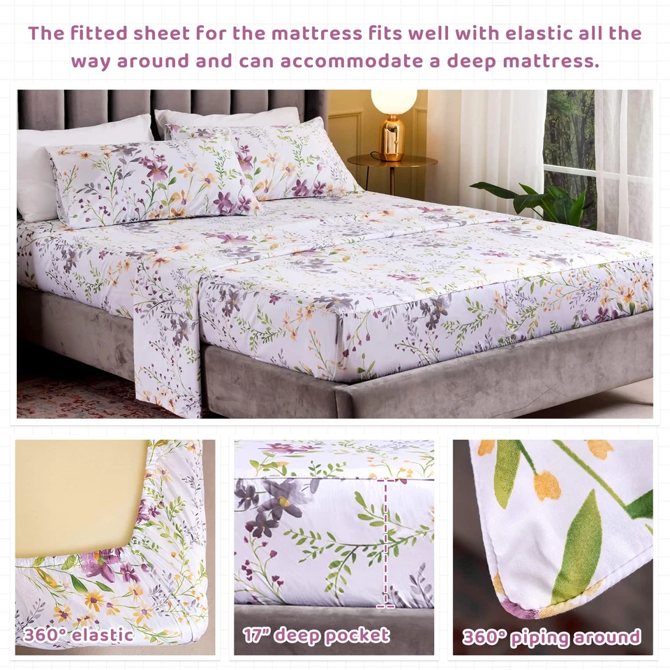 Juegos de sábanas florales tamaño king - Flor amarilla patrón botánico algodón egipcio... Foto 3 de 4