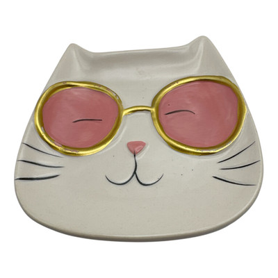 Cool Cat Trinket Jewelry Tray Nightstand Dish Plate Ceramic White Sunglasses