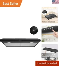 30 Inch Black Under Cabinet Range Hood - Convertible Ductless with LED Light