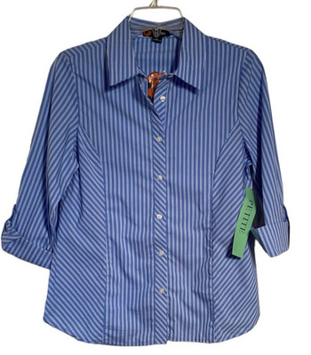 Indigo Poppy Womens Petite M Blue Striped Button Down Shirt Stretch Career NWT