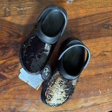 CROCS Classic Bae Silver  Gold Sequin Platform Clog Sz 9 Black