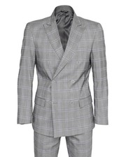 NWT EZZELINO SUIT grey blue check double breasted wool cotton Italy 60 us 50