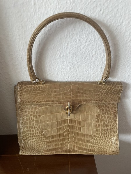 Sac À Main  Vintage Années 1960 En Véritable Cuir De Crocodile Beige Champagne