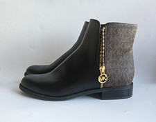 MICHAEL KORS Britt Black  Brown Signature Logo Trim Ankle Boot Size 7M